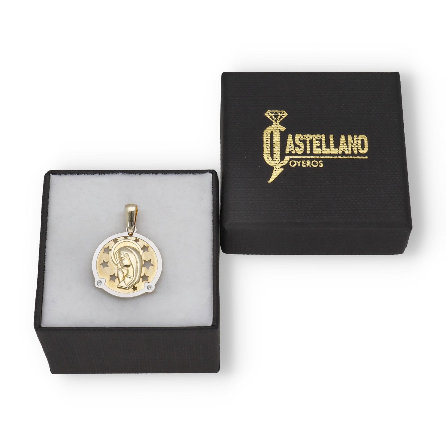 Medalla Virgen Niña en Oro 18k Bicolor y Circonitas Modelo Roma