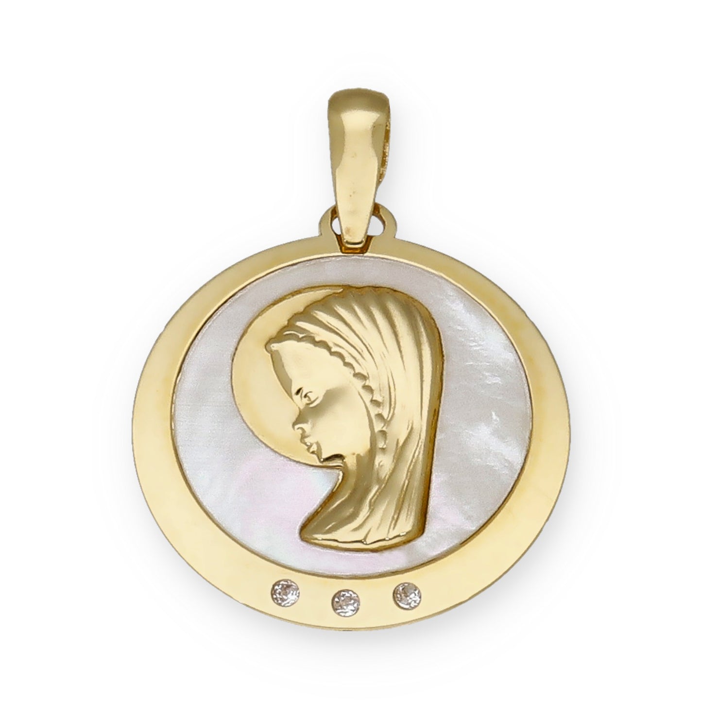 Medalla Virgen Niña en Oro 18k y Nácar con Circonitas Modelo Niza