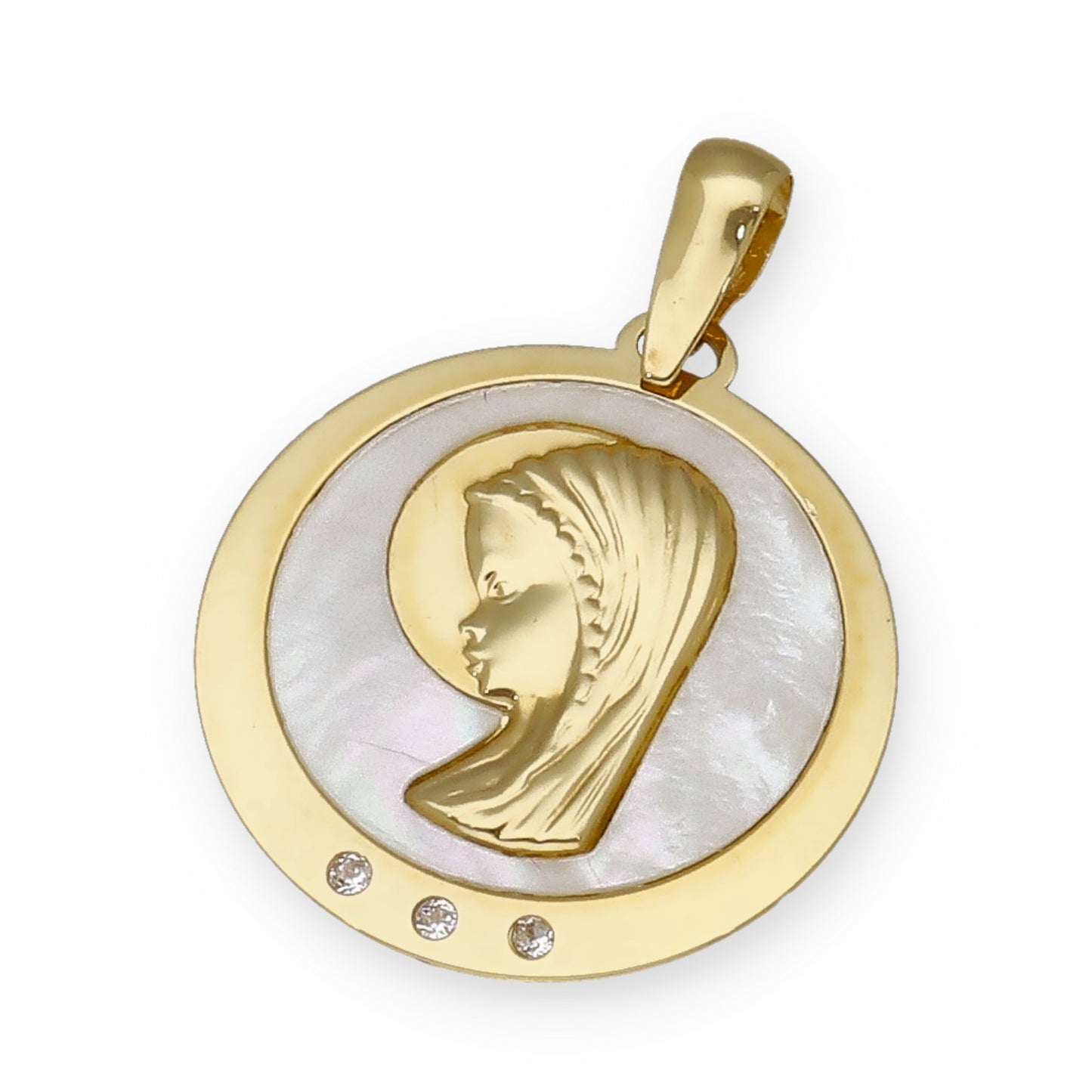 Medalla Virgen Niña en Oro 18k y Nácar con Circonitas Modelo Niza