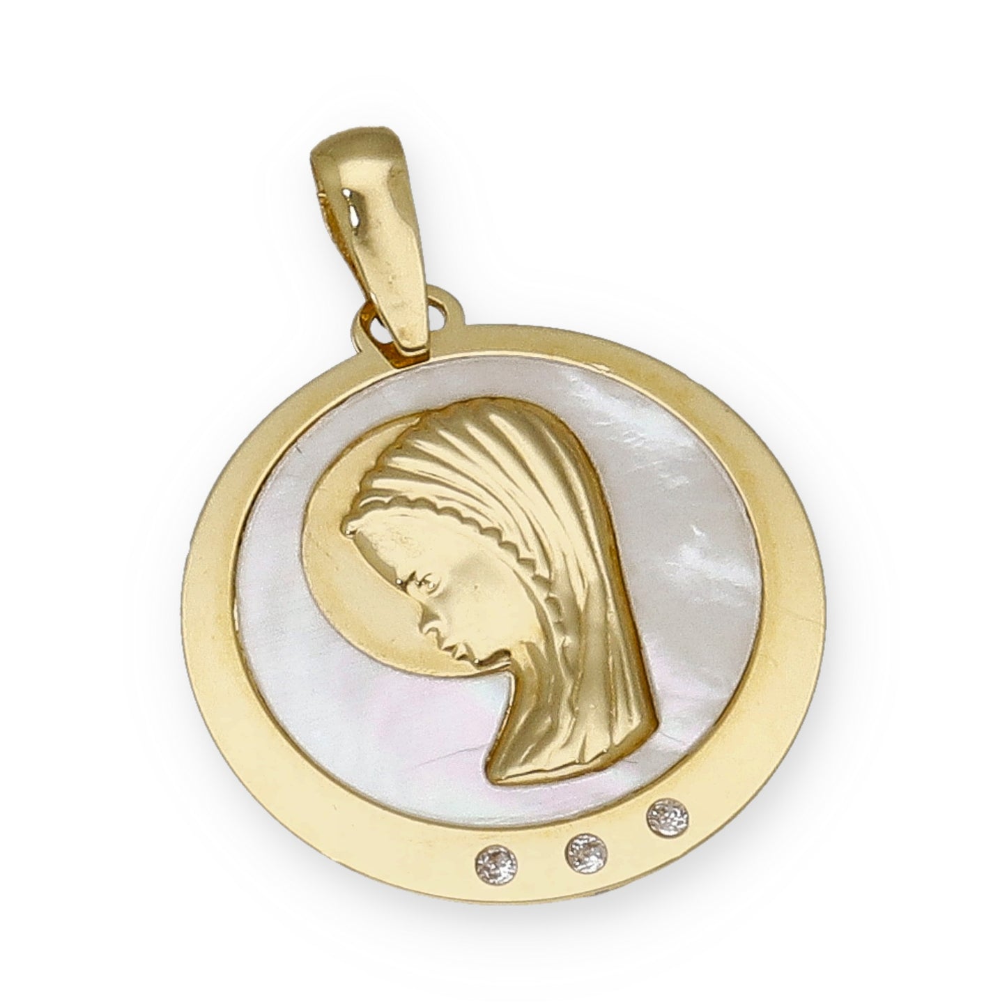 Medalla Virgen Niña en Oro 18k y Nácar con Circonitas Modelo Niza