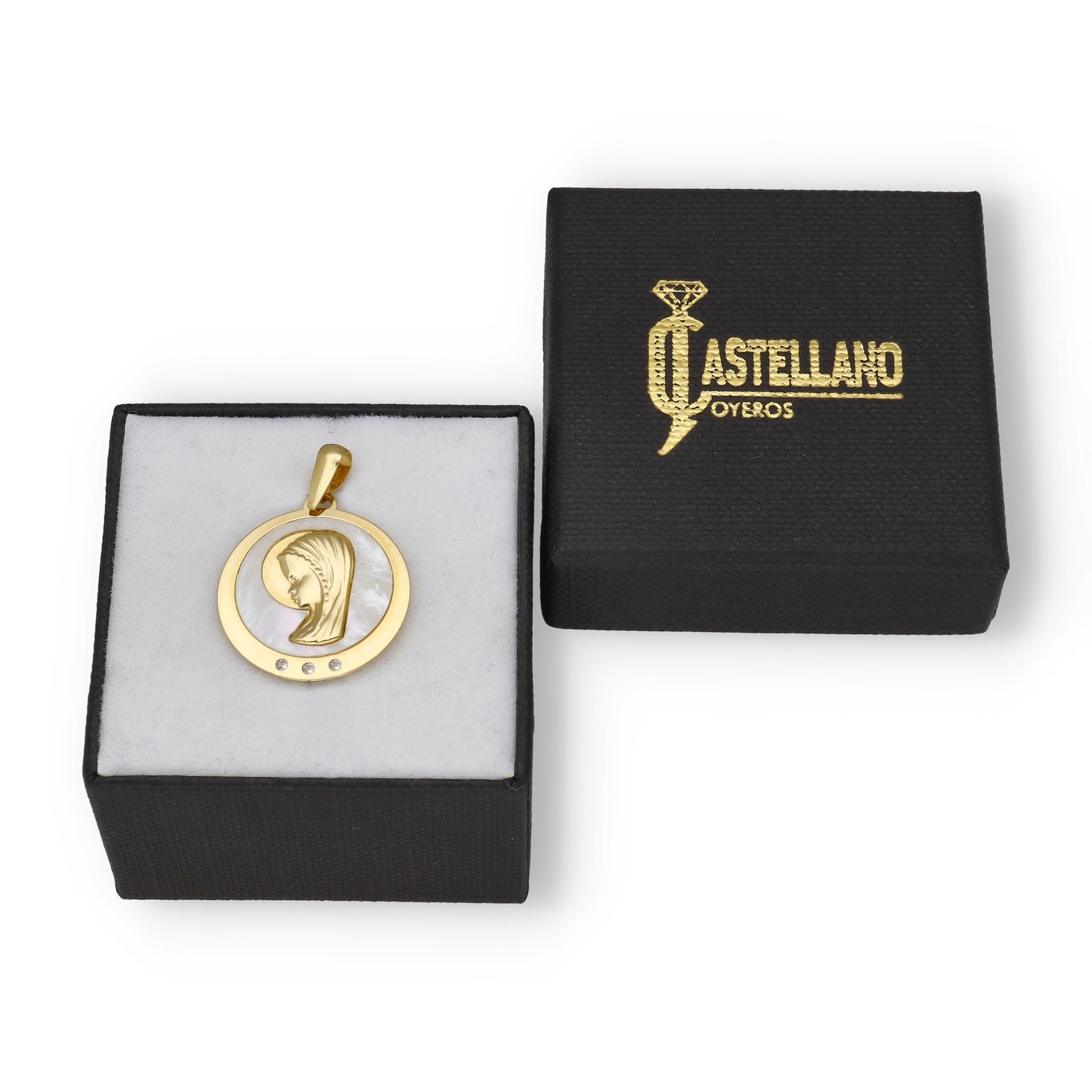 Medalla Virgen Niña en Oro 18k y Nácar con Circonitas Modelo Niza