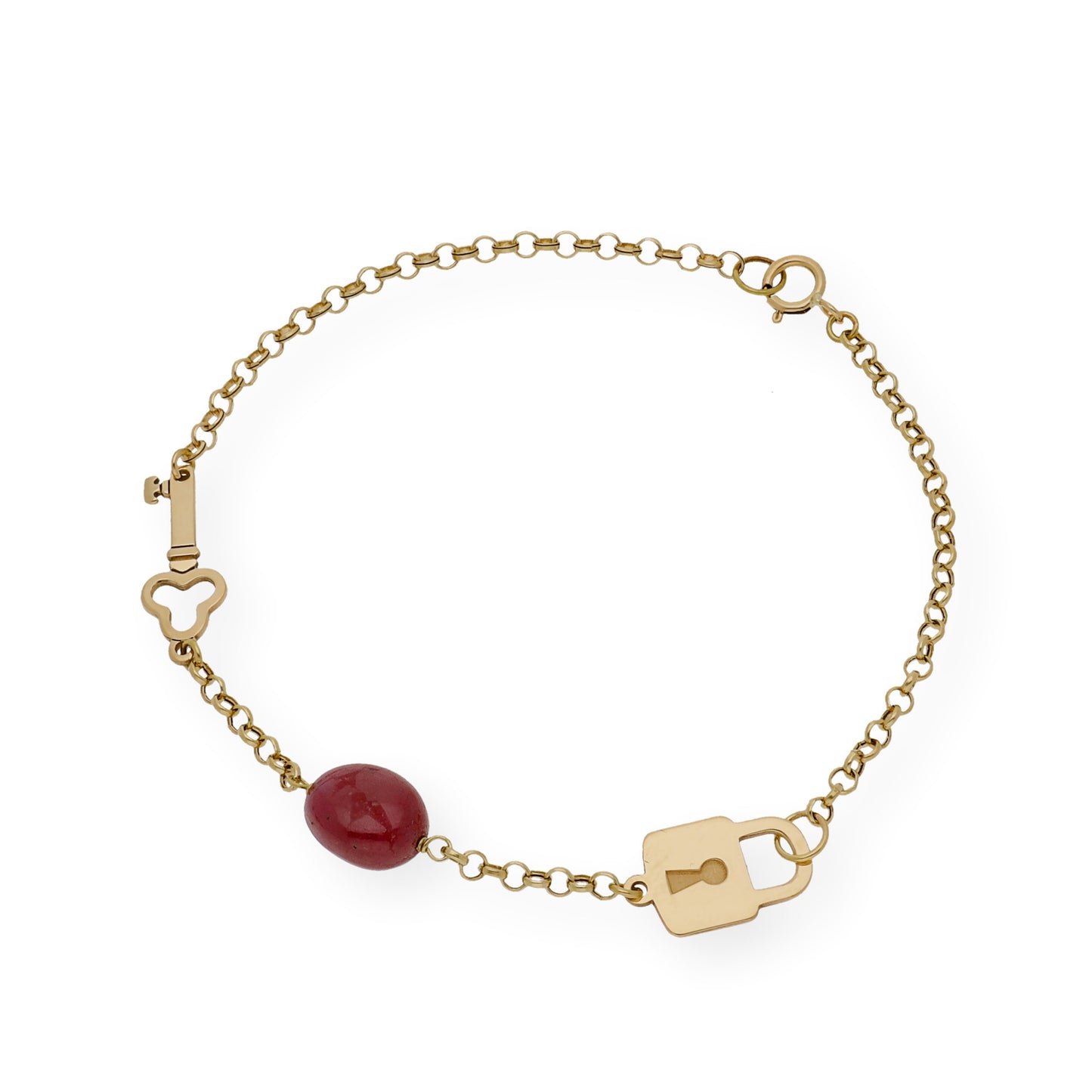 Pulsera con Candado y Llave en Oro de Ley 18K y Rubí