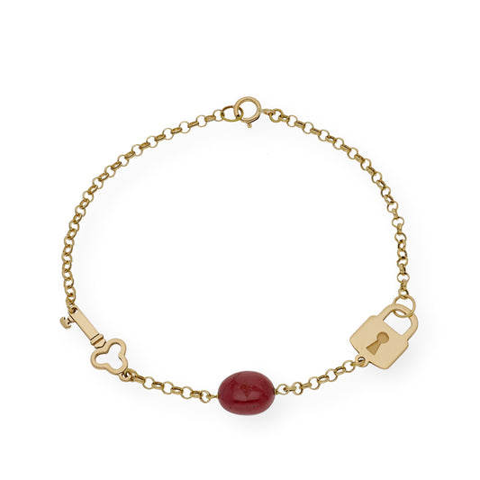 Pulsera con Candado y Llave en Oro de Ley 18K y Rubí