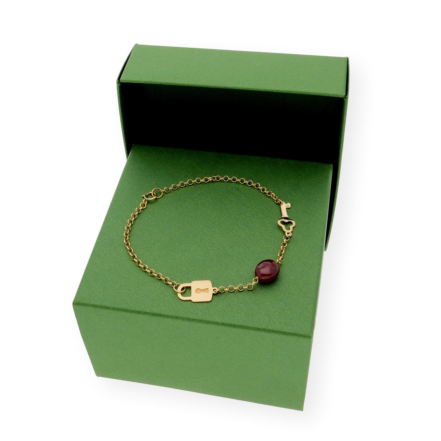 Pulsera con Candado y Llave en Oro de Ley 18K y Rubí