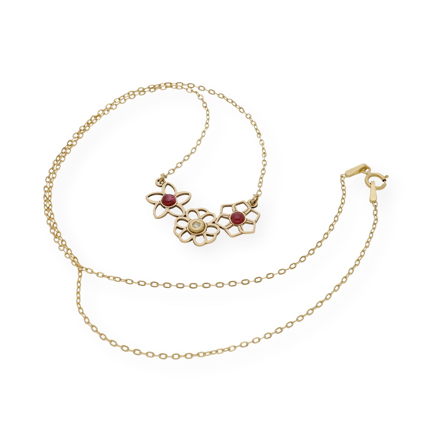 Collar con Colgante de 3 Flores en Oro de Ley 18k con Diamante y Rubíes