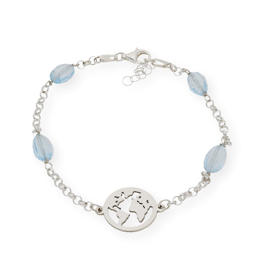 Pulsera de Plata con Topacios Azules y Diseño Mapa del Mundo