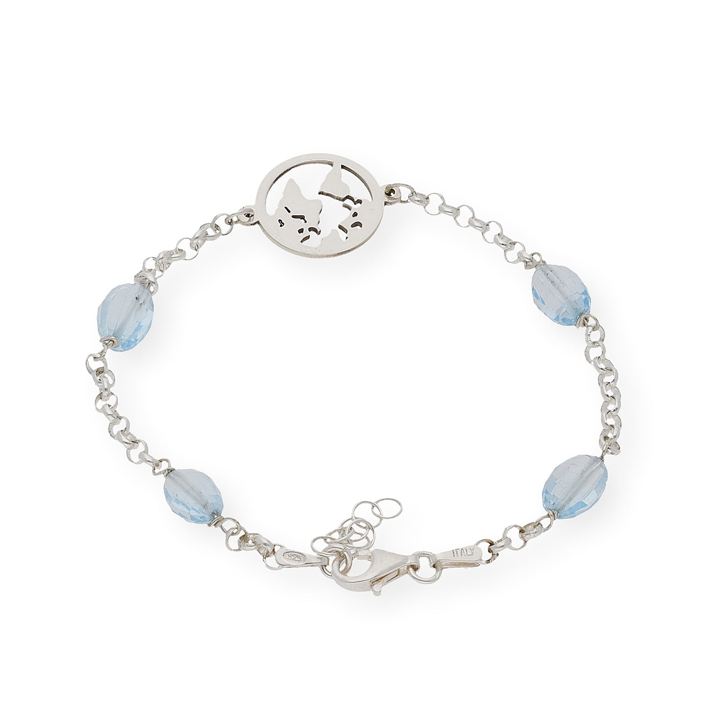 Pulsera de Plata con Topacios Azules y Diseño Mapa del Mundo