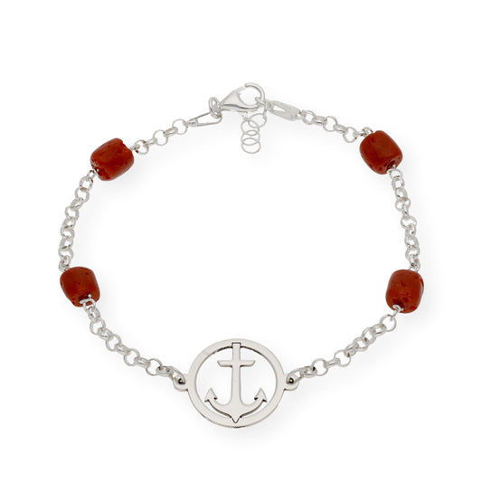 Pulsera de Plata con Corales y Diseño Ancla