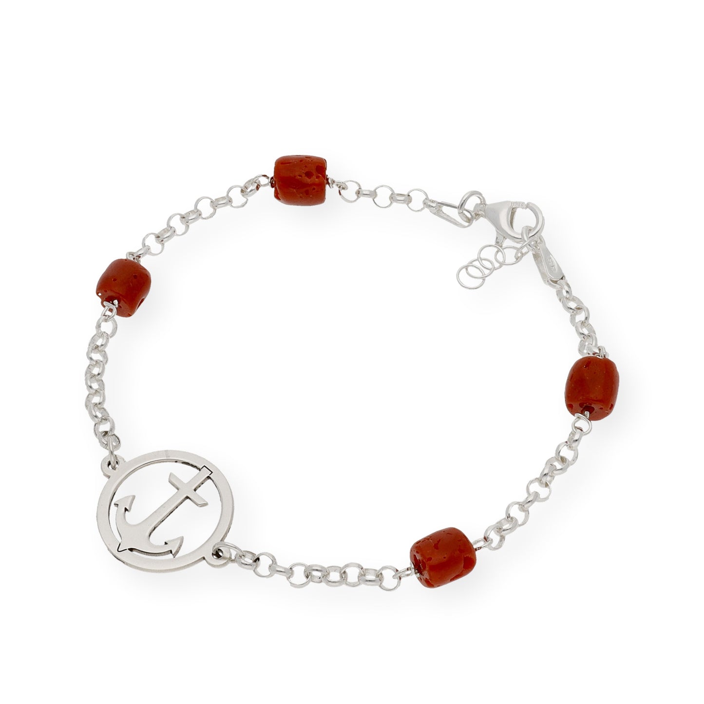 Pulsera de Plata con Corales y Diseño Ancla