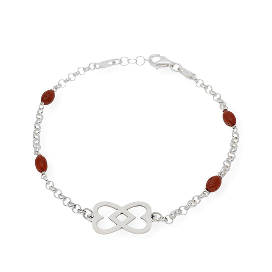 Pulsera de Plata con Corales forma oval y Diseño Corazones Entrelazados