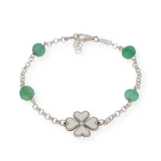 Pulsera de Plata con Esmeraldas y Diseño Trébol