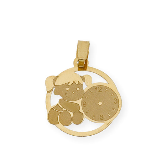 Medalla de Bebé Diseño Niña con Reloj en Oro de Ley 18k