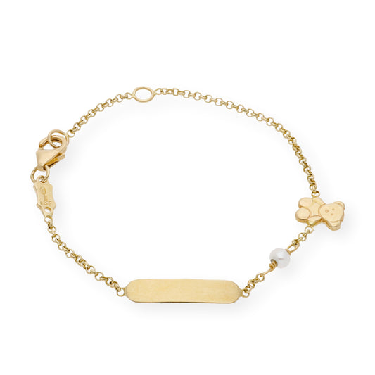 Esclava de Bebé en Oro y Perla Natural con Diseño de Oso