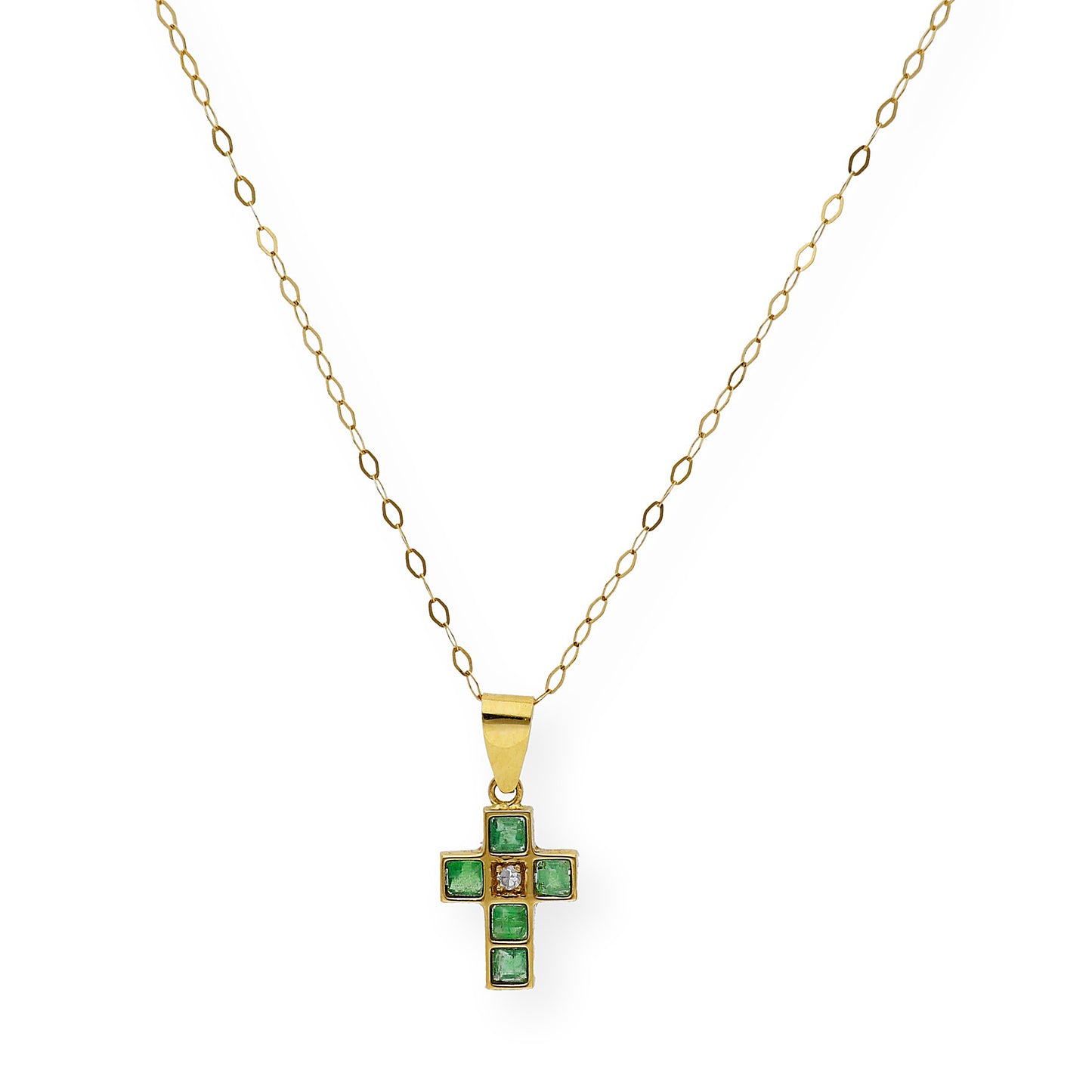 Collar con Colgante de Cruz con Diamante y Esmeraldas en Oro 18k
