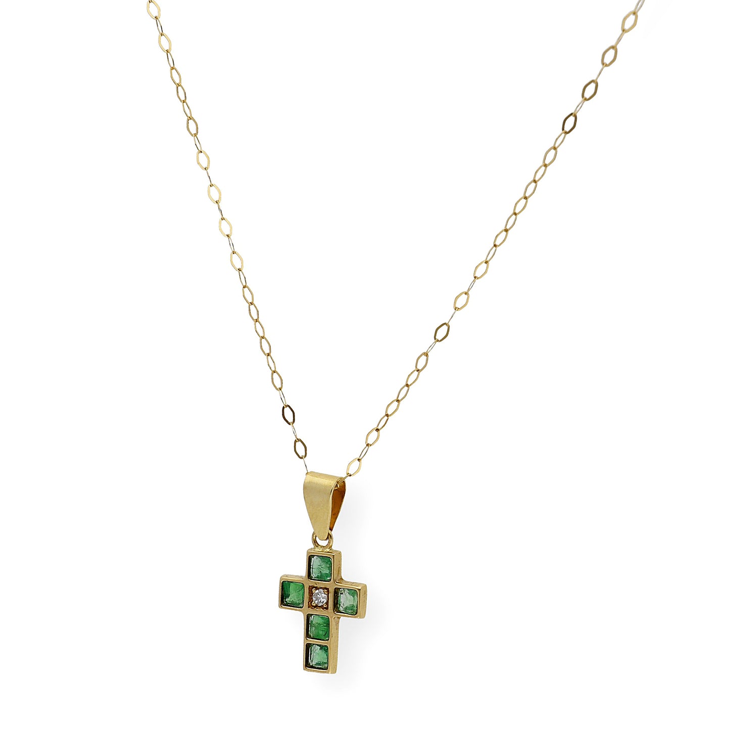 Collar con Colgante de Cruz con Diamante y Esmeraldas en Oro 18k