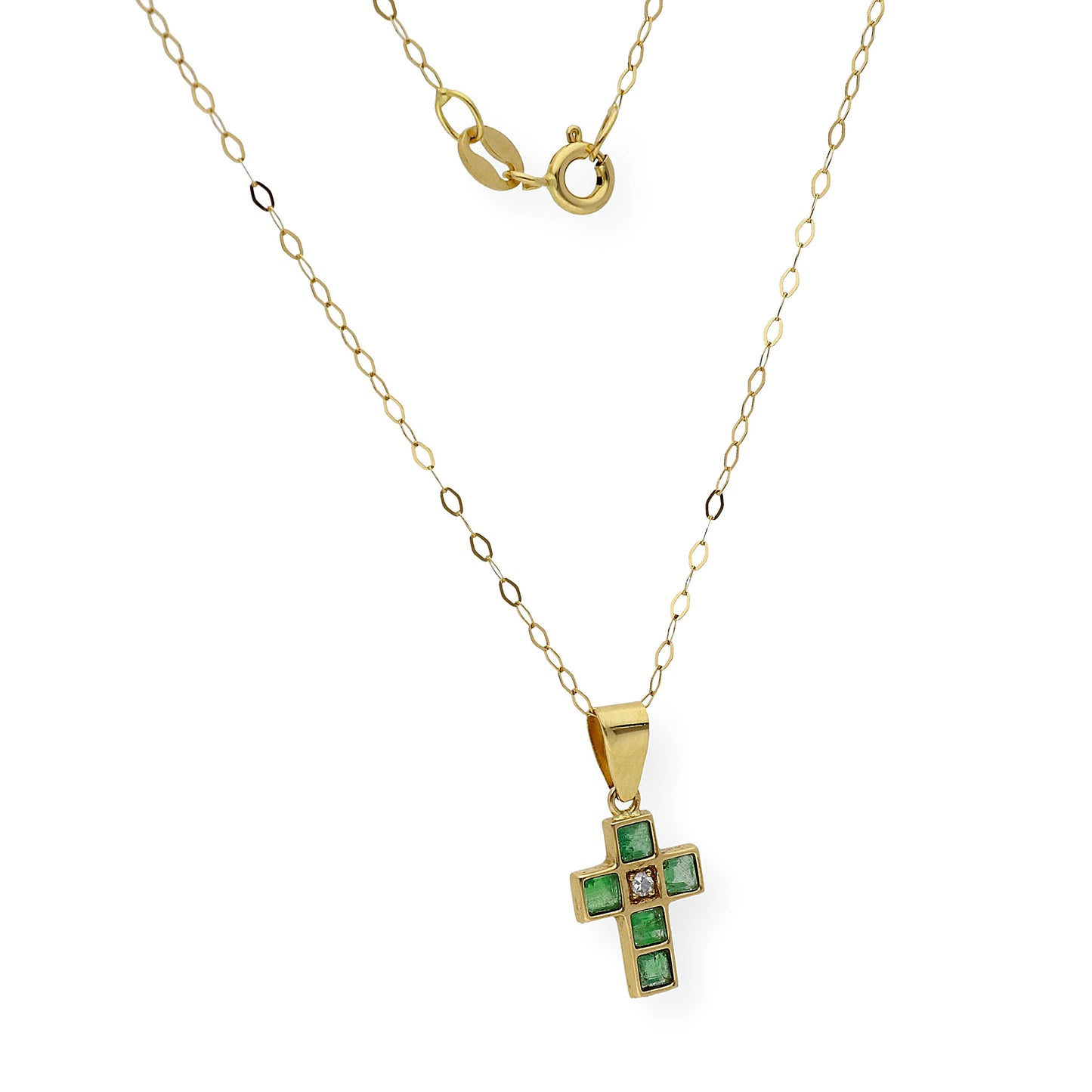Collar con Colgante de Cruz con Diamante y Esmeraldas en Oro 18k