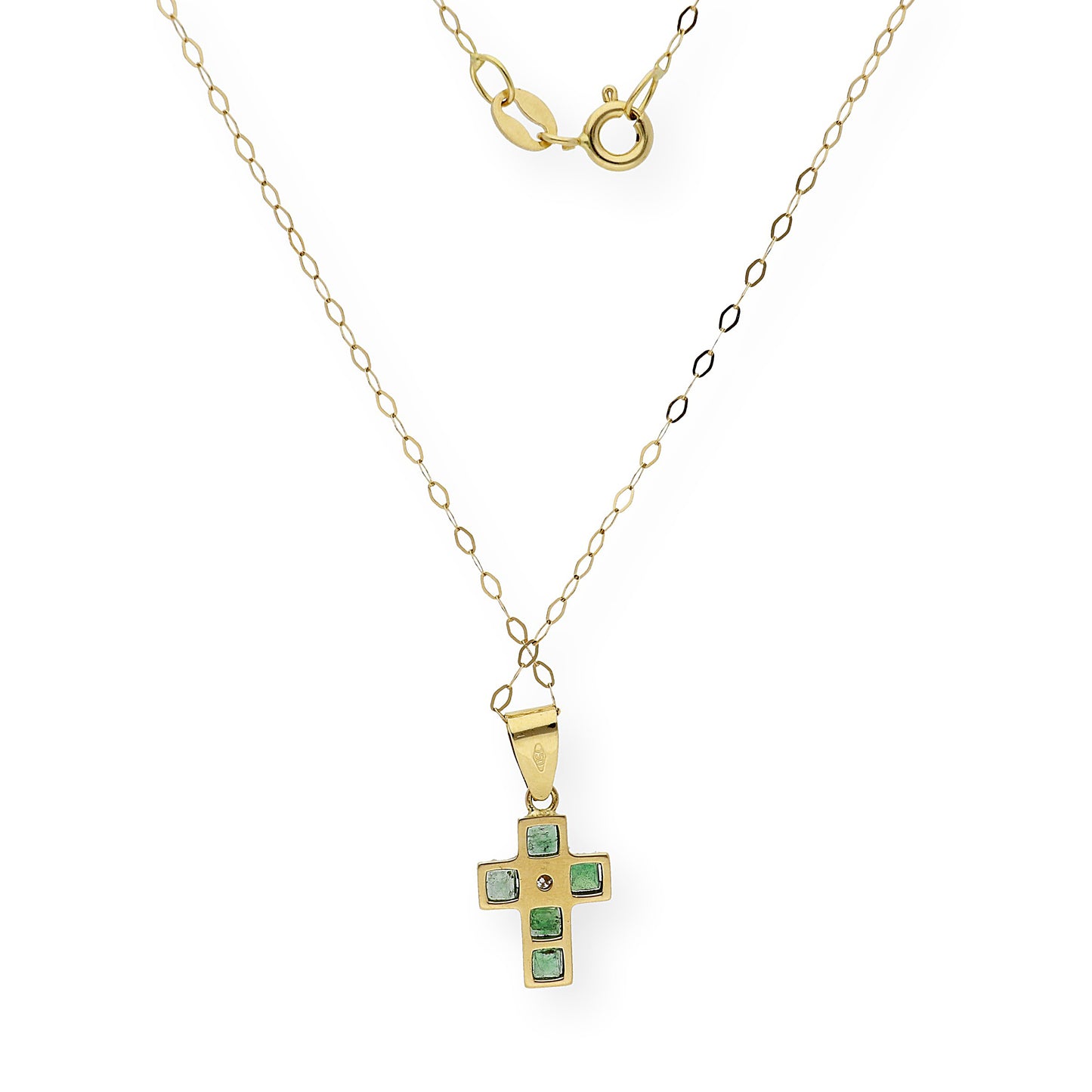 Collar con Colgante de Cruz con Diamante y Esmeraldas en Oro 18k