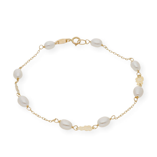 Pulsera de Comunión con Diseño de Oso y Perlas en Oro de Ley