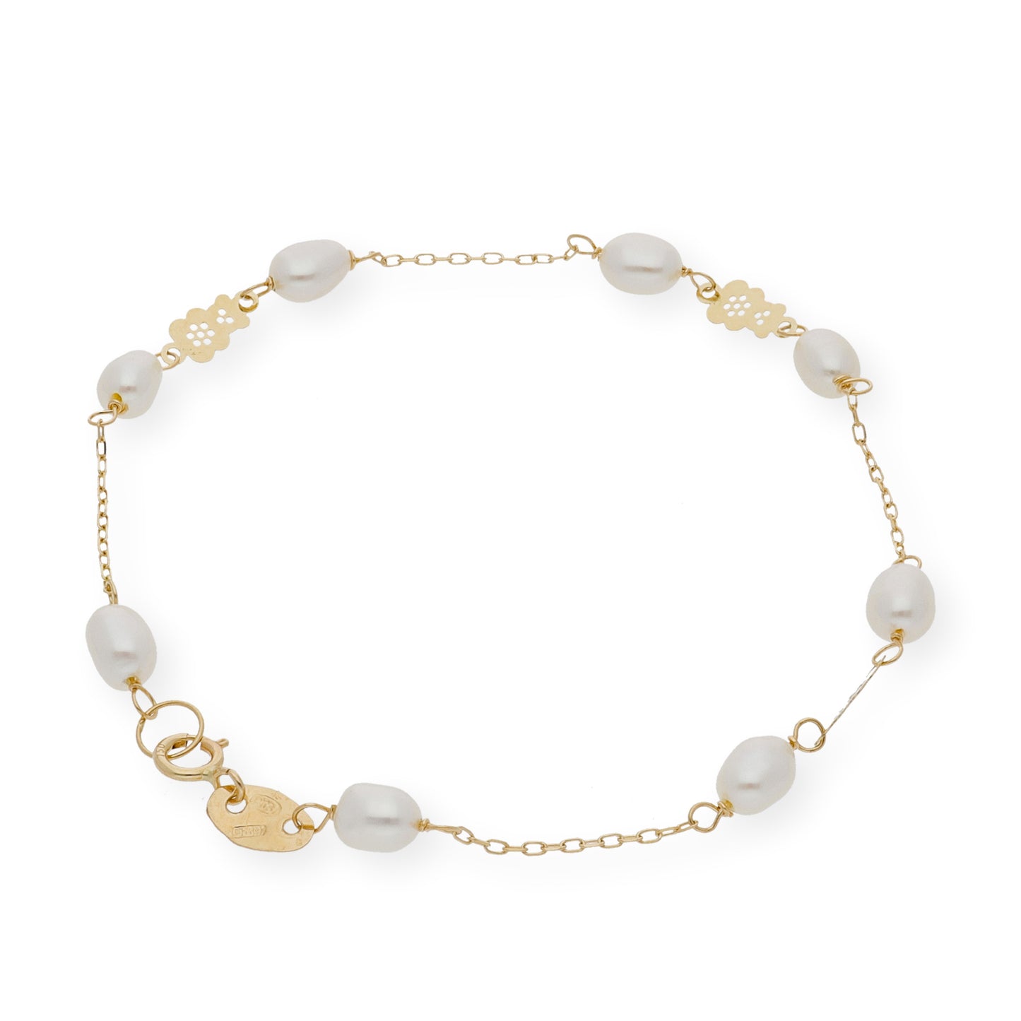 Pulsera de Comunión con Diseño de Oso y Perlas en Oro de Ley