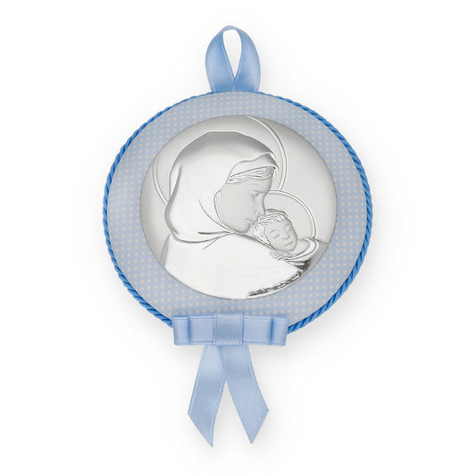 Medalla de Cuna Virgen con Niño en Baño de Plata y acabado Azul Modelo Frair