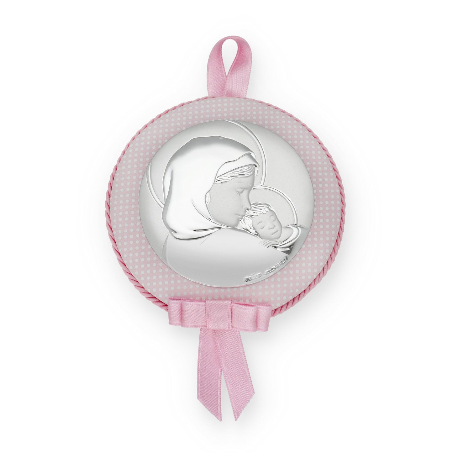 Medalla de Cuna Virgen con Niño en Baño de Plata y acabado Rosa Modelo Frair