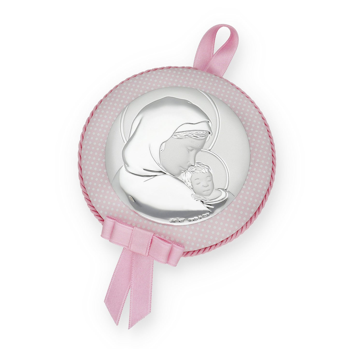 Medalla de Cuna Virgen con Niño en Baño de Plata y acabado Rosa Modelo Frair