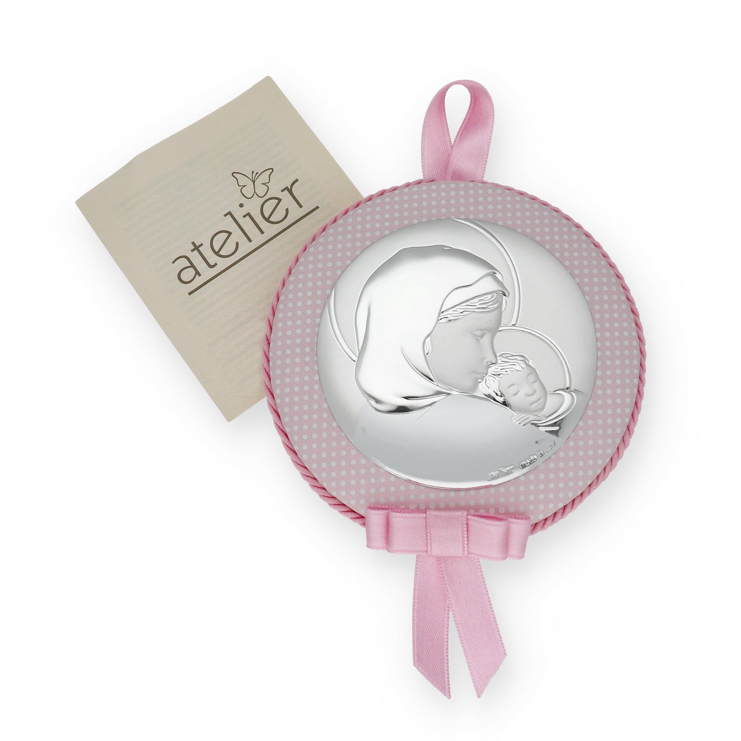 Medalla de Cuna Virgen con Niño en Baño de Plata y acabado Rosa Modelo Frair