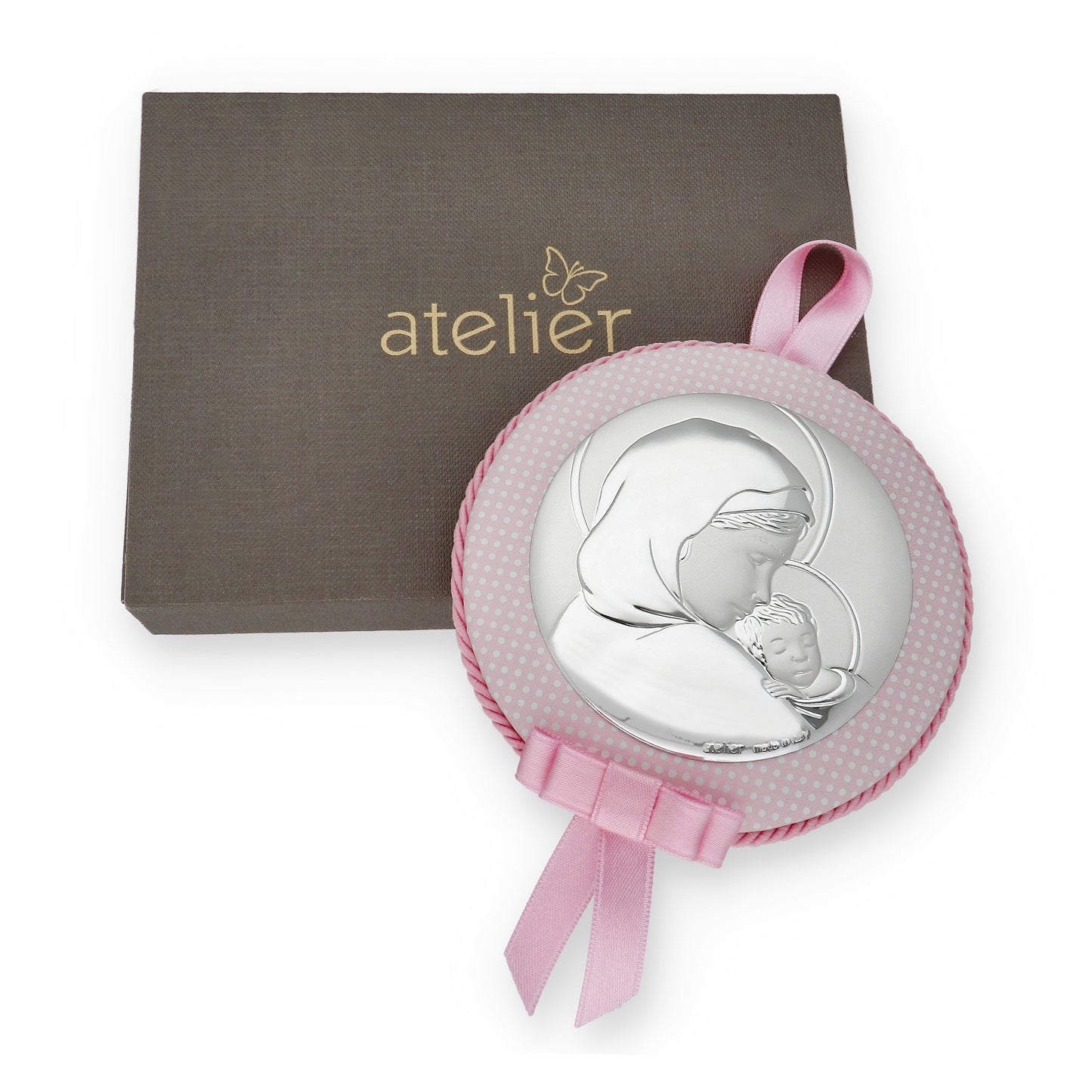 Medalla de Cuna Virgen con Niño en Baño de Plata y acabado Rosa Modelo Frair
