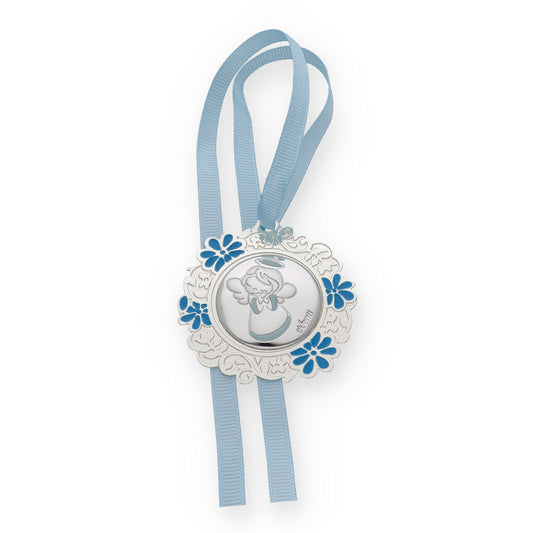 Medalla de Cuna con Angelito Redonda con Baño de Plata con esmaltado Azul Modelo Bastian