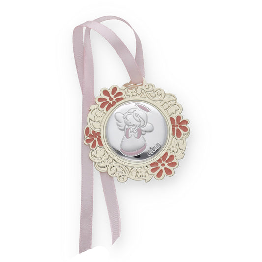 Medalla de Cuna con Angelito Redonda con Baño de Plata con esmaltado Rosa Modelo Bastian