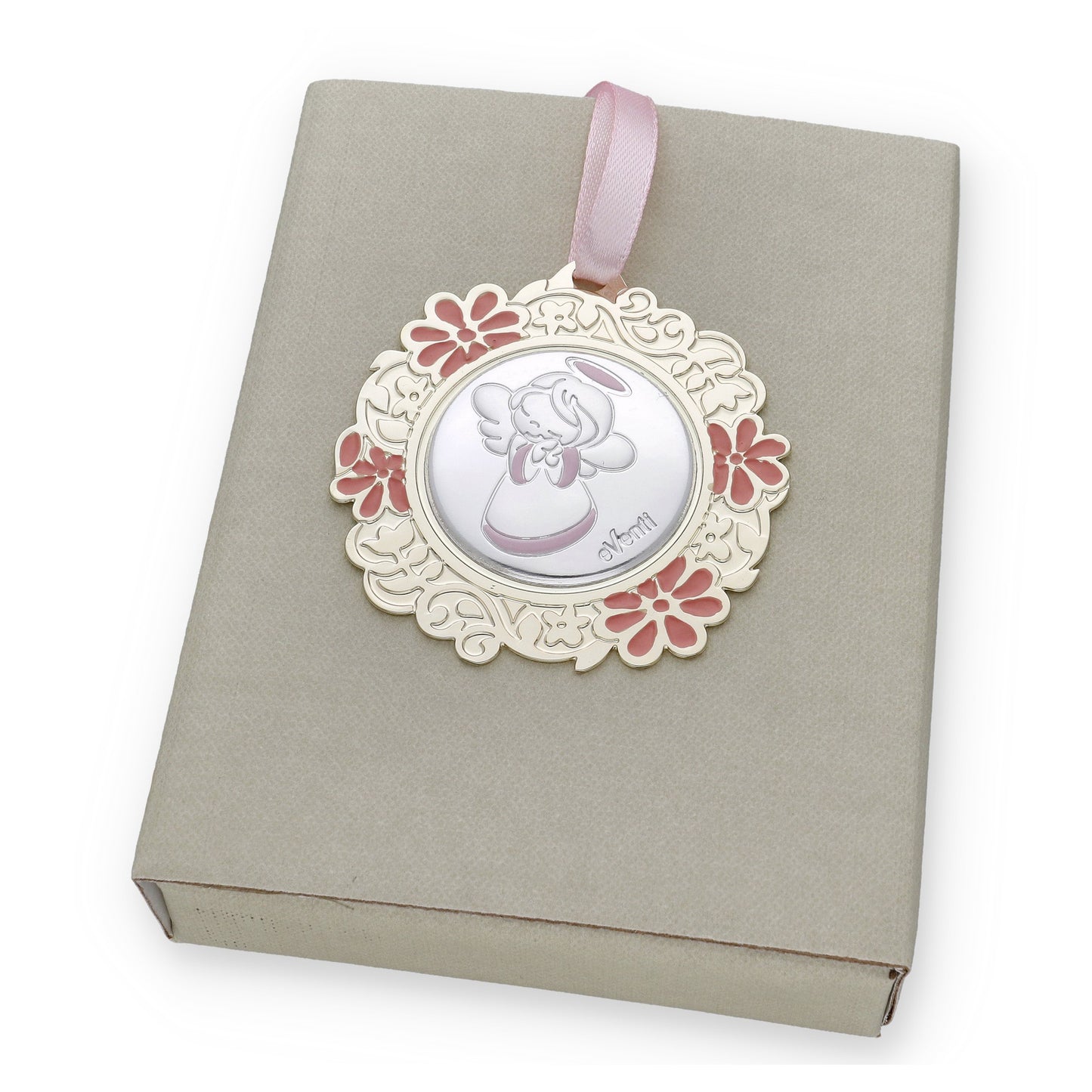 Medalla de Cuna con Angelito Redonda con Baño de Plata con esmaltado Rosa Modelo Bastian