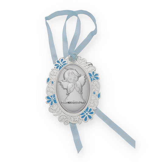 Medalla de Cuna con Angelito Oval con Baño de Plata con esmaltado Azul Modelo Bastian