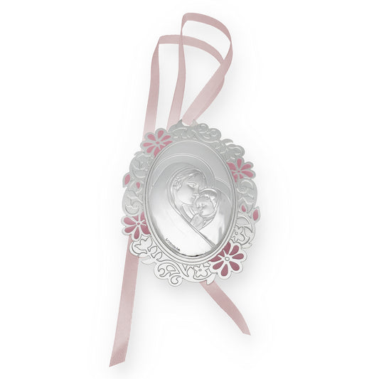 Medalla de Cuna con Virgen con Niño en Oval con Baño de Plata con esmaltado Rosa Modelo Bastian