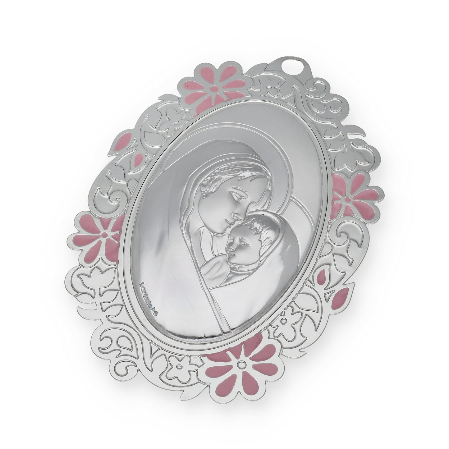 Medalla de Cuna con Virgen con Niño en Oval con Baño de Plata con esmaltado Rosa Modelo Bastian