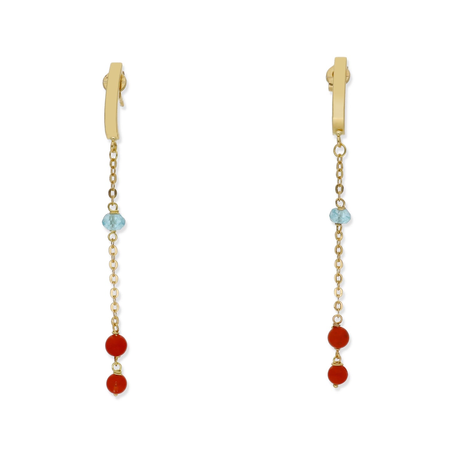 Pendientes Nexus en Oro de Ley 18K con Cadena de Topacio Azul y Corales
