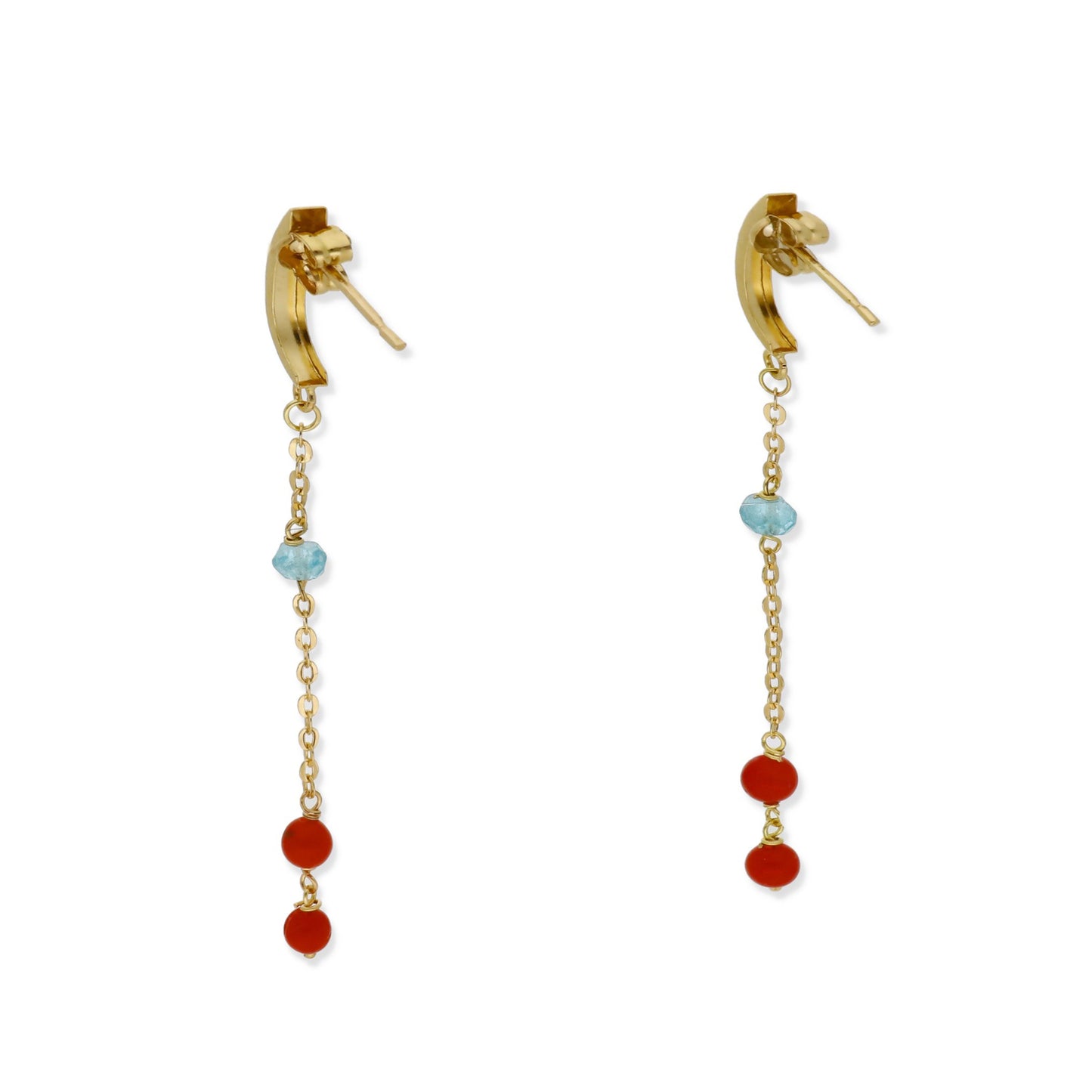 Pendientes Nexus en Oro de Ley 18K con Cadena de Topacio Azul y Corales