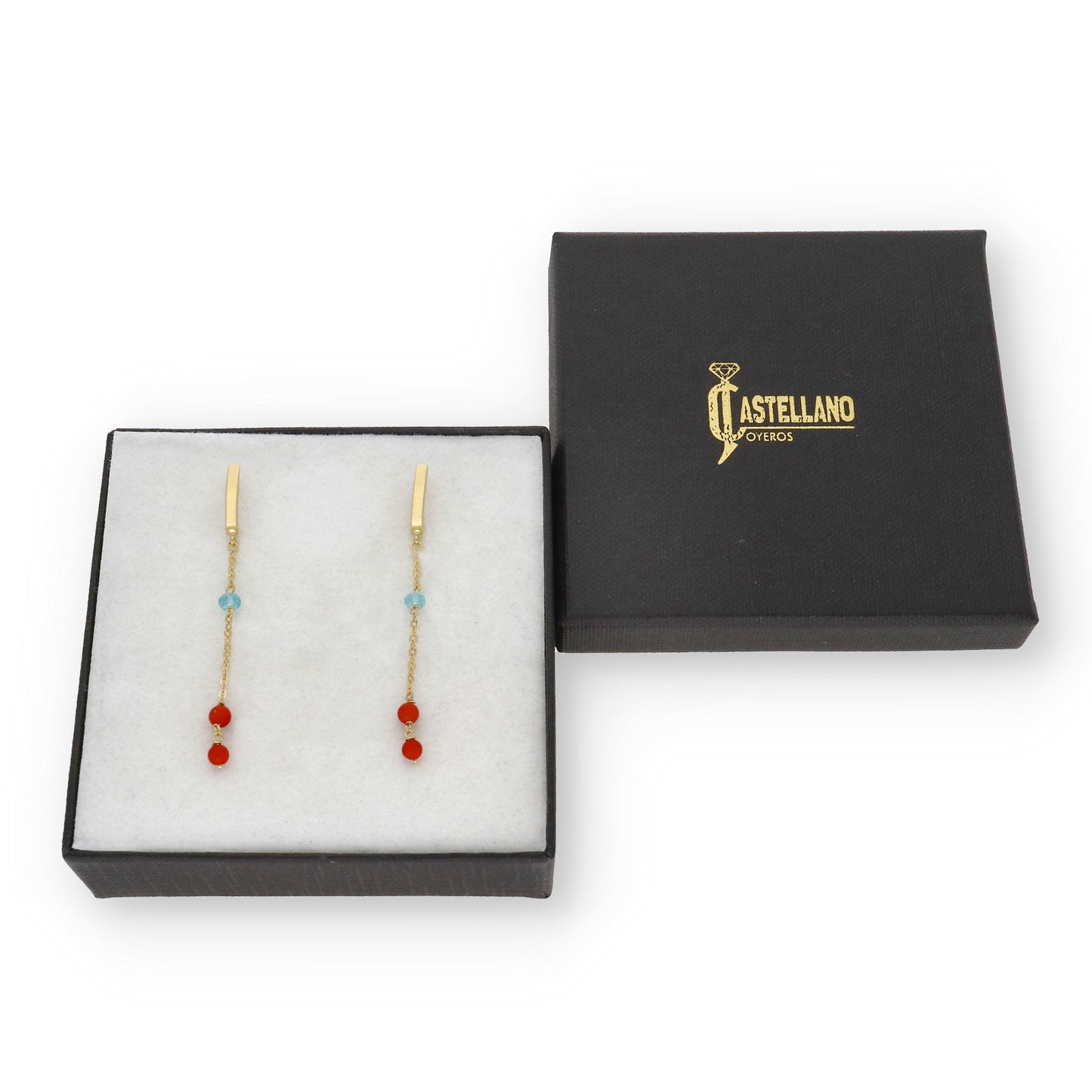 Pendientes Nexus en Oro de Ley 18K con Cadena de Topacio Azul y Corales