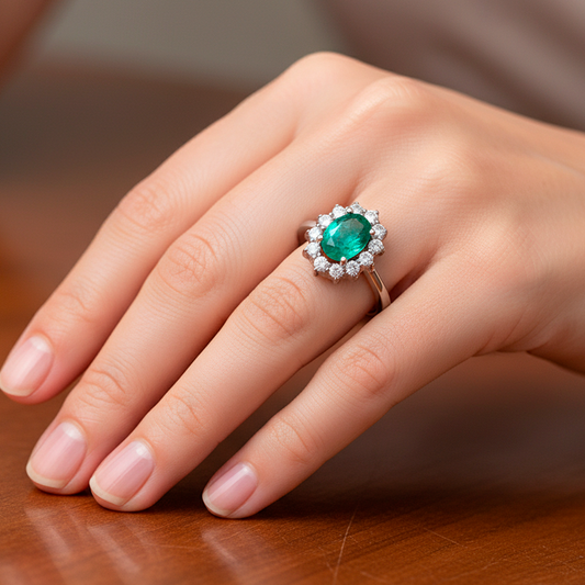 Anillo Lady Di Oro Blanco 18k con Esmeralda Central y Diamantes