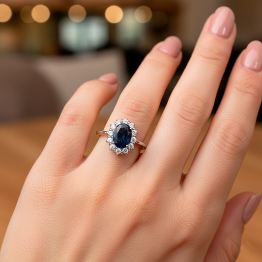 Anillo Lady Di Oro Blanco 18k con Zafiro Central y Diamantes