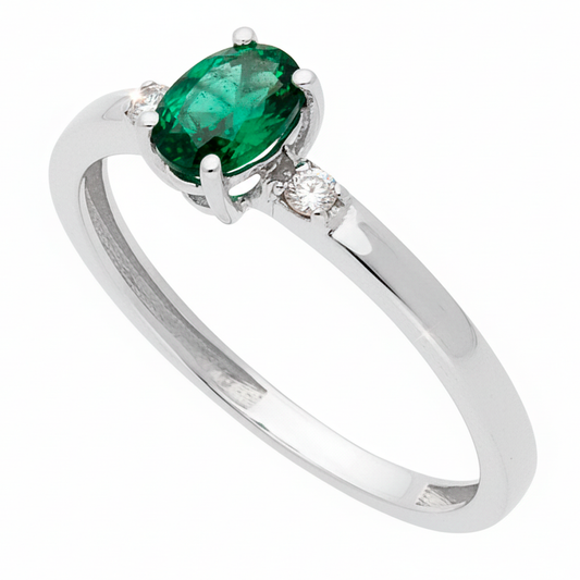 Anillo Victoria en Oro Blanco 18k con Diamantes y Esmeralda