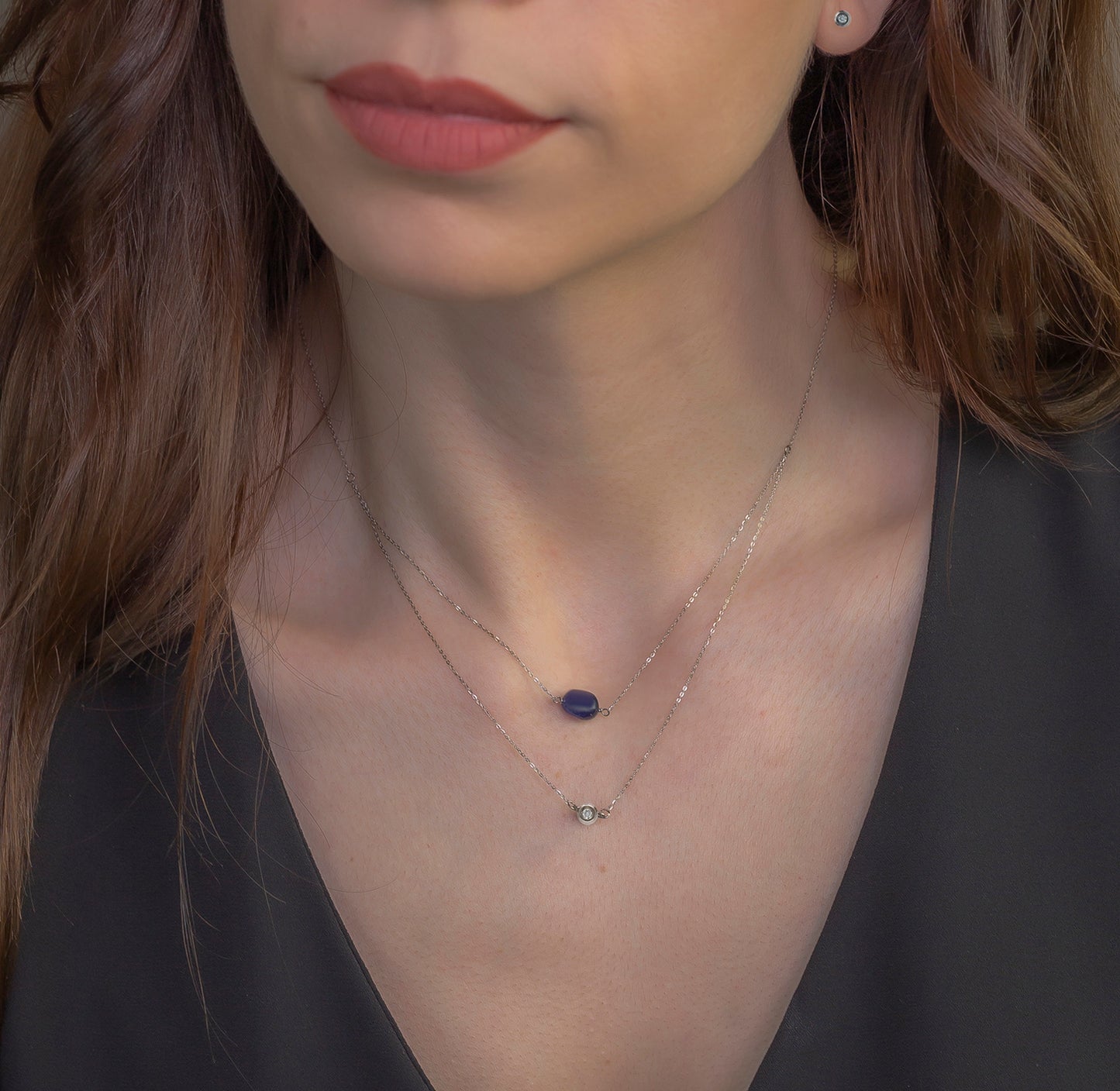 Collar Doble Juliette de Oro Blanco 18k con Diamante y Zafiro