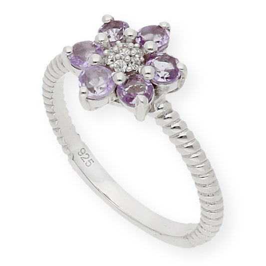 Anillo de Plata con Amatistas en Flor y Circonitas