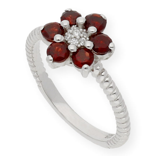 Anillo de Plata con Granates en Flor y Circonitas