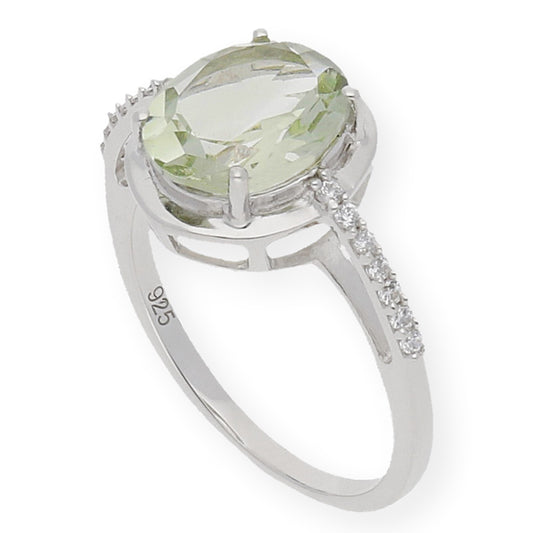 Anillo Tenyu de Plata con Amatista Verde Central y Circonitas Laterales