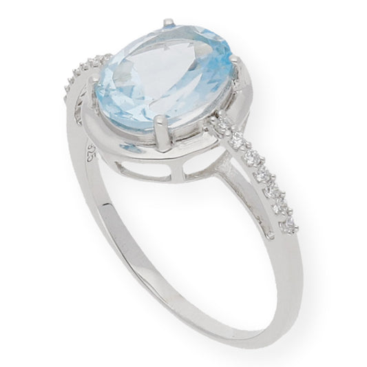 Anillo Tenyu de Plata con Topacio Azul Central y Circonitas Laterales