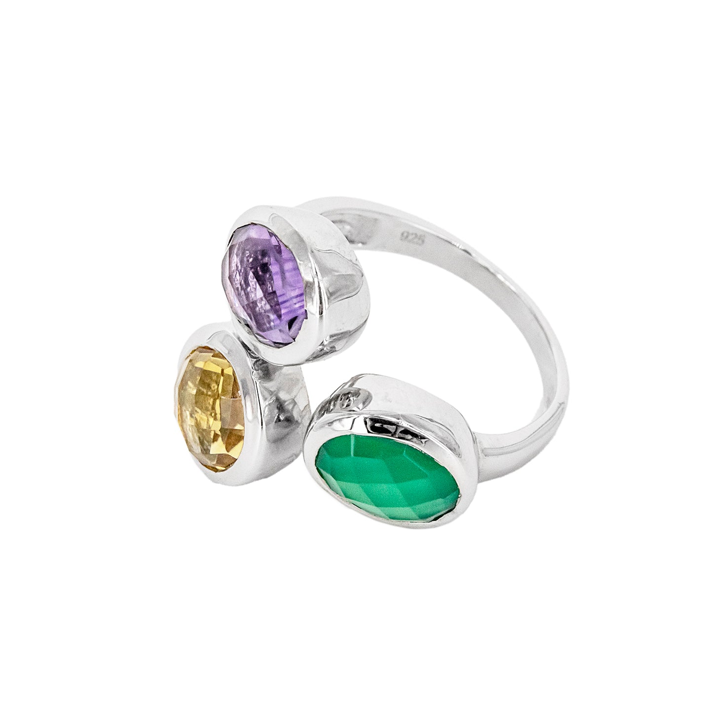 Anillo Zitatu de Plata con Tres Piedras de Color – Verde, Amarillo y Lila