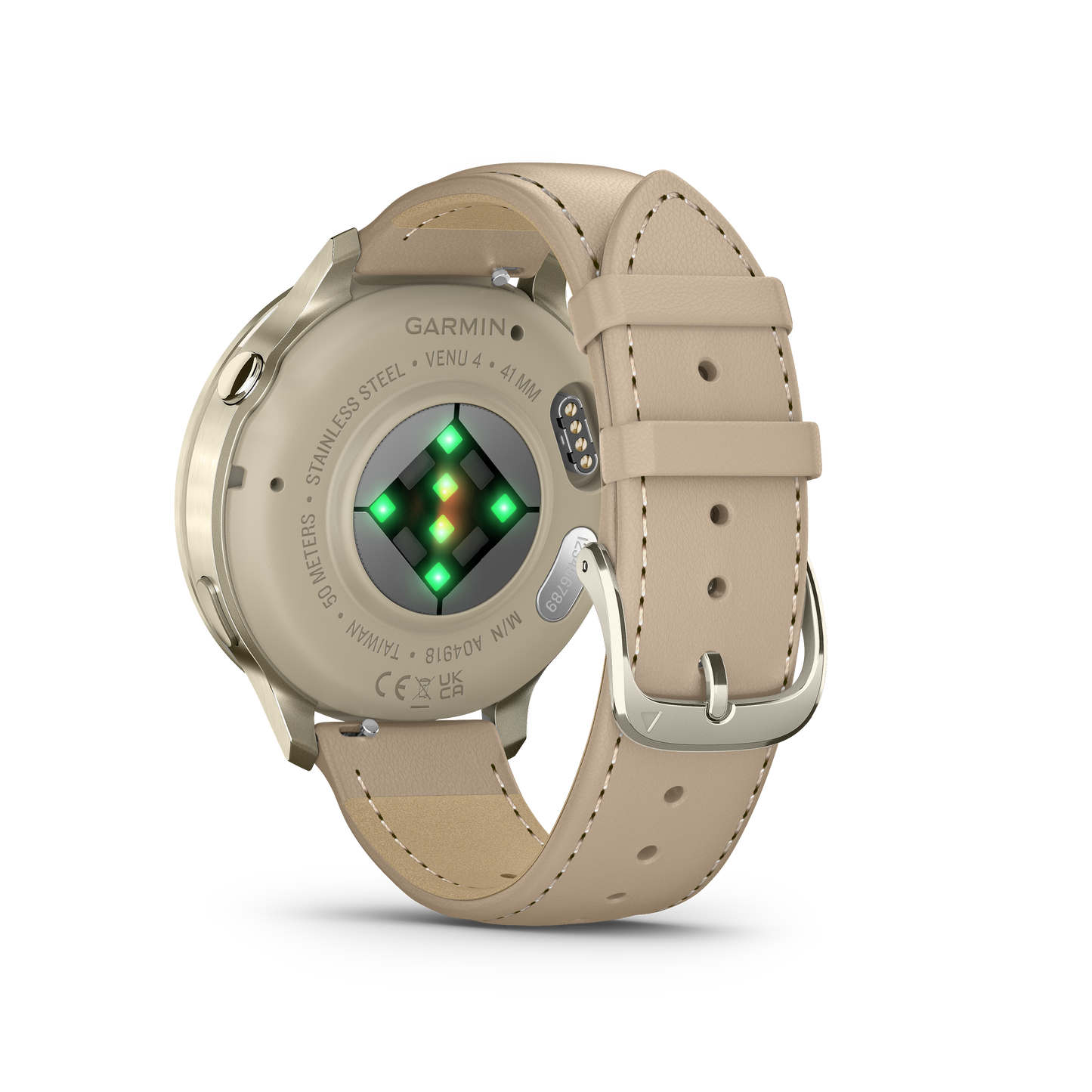 Reloj Garmin Venu® 4 - 41 mm Bisel Plateado con Correa de Cuero Beige 010-03013-03