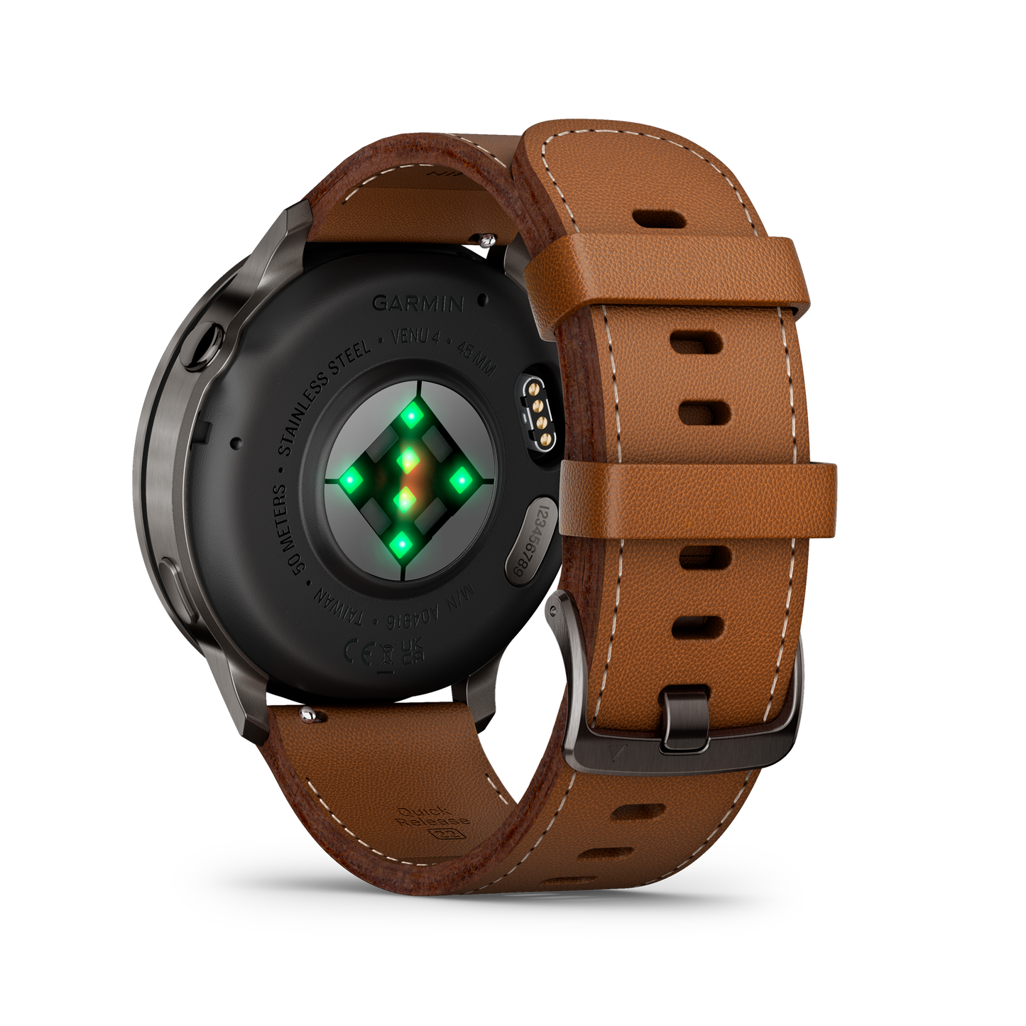 Reloj Garmin Venu® 4 - 45 mm Bisel Plateado Correa de Cuero Marrón 010-03014-03
