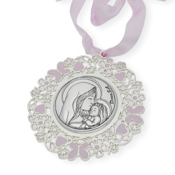 Medalla de Cuna Baño de Plata con esmaltado Rosa Virgen y Niño