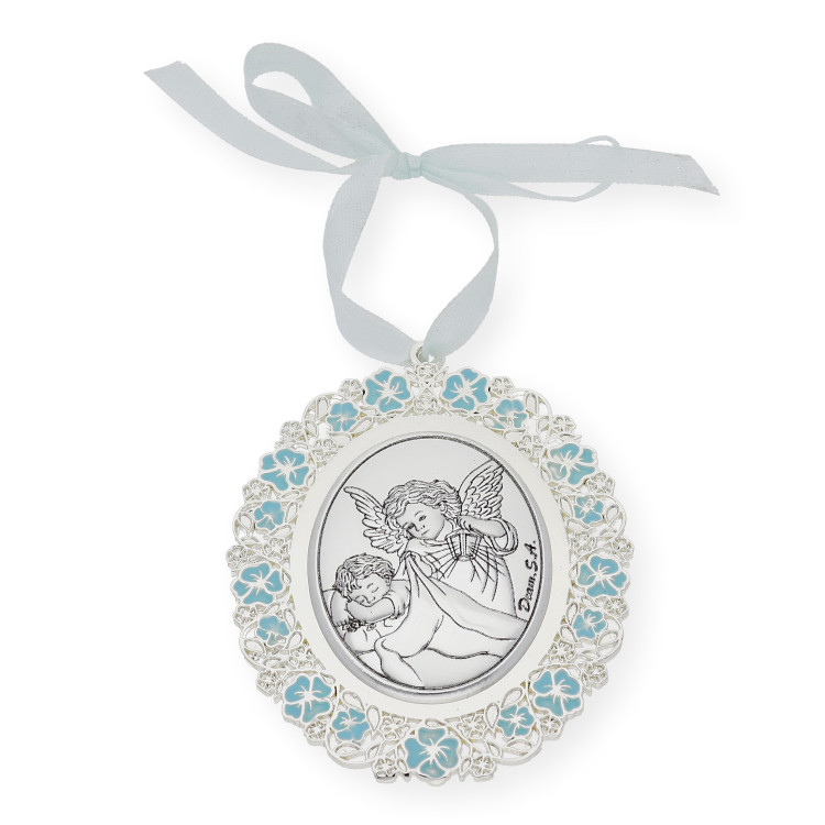 Medalla de Cuna Baño de Plata con esmaltado Azul Ángel y Niño